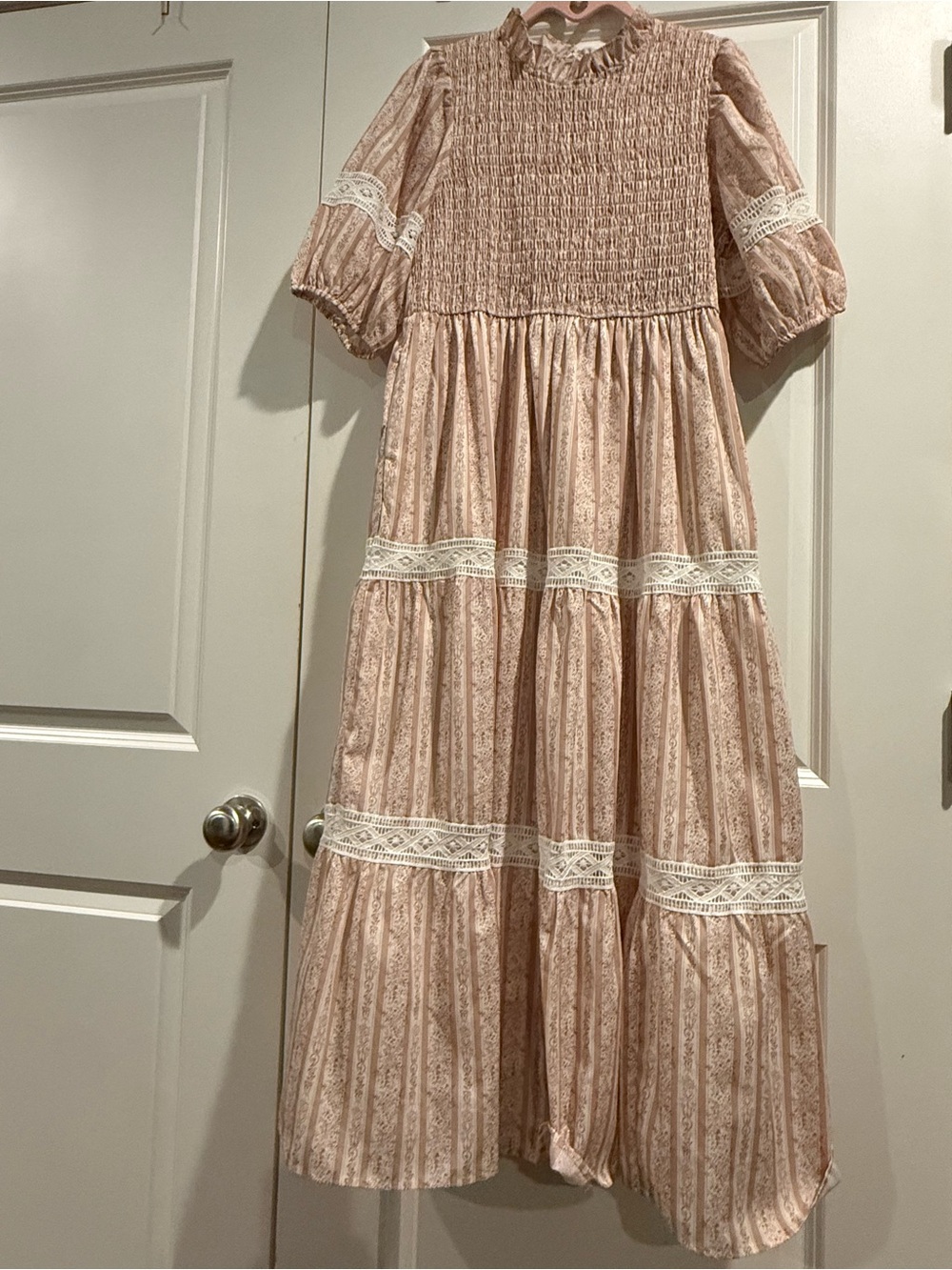 Smocked Tiered Midi Dress in Blush Pink